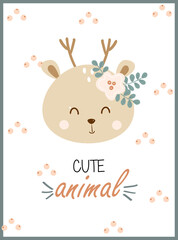 Baby greeting card with cute head deer, leaves, flower and berries in cartoon style