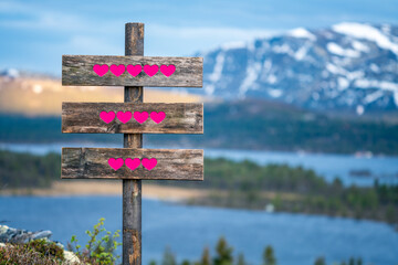 heart likes emoji engraved on wooden signpost outdoors in nature during blue hour.
