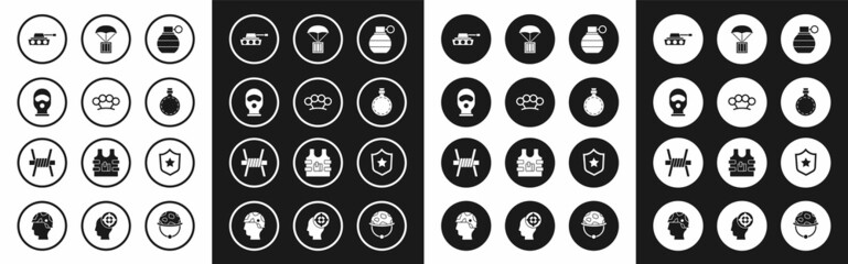 Set Hand grenade, Brass knuckles, Balaclava, Military tank, Canteen water bottle, Airdrop box, reward medal and Barbed wire icon. Vector
