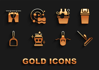 Set Clean vase, Trash can, Mop, Kitchen apron, Dustpan, Basin with soap suds, Drying clothes and Washing dishes icon. Vector