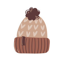 Knitted brown hat with bubo. Vector illustration in a flat style.