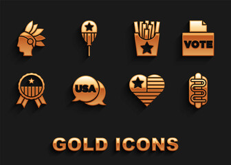 Set USA Independence day, Vote box, Hotdog sandwich, Medal with star, Potatoes french fries in, Native American Indian and Balloons icon. Vector