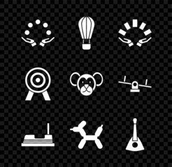 Set Juggling ball, Hot air balloon, Hand holding playing cards, Bumper, Balloon dog, Balalaika, Target and Monkey icon. Vector