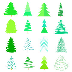 Obraz premium Сolored christmas trees on white. Set for design on isolated background. Geometric art. Universal colored collection