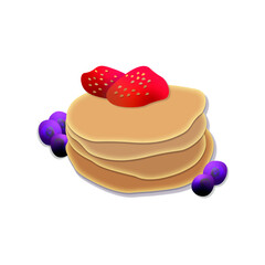 3d stack of pancakes with blueberries. food menu. Strawberries and blueberries with desert. Sweet card.