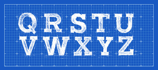 Fototapeta premium Alphabet in style of a technical drawing. Hand line abc set. Sketched font. Vector illustration.