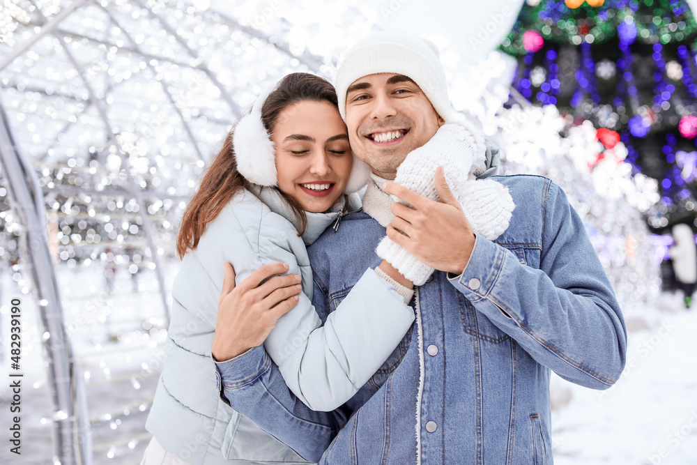 Wall mural Pair of sweethearts hugging on snowy winter day