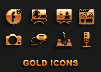 Set Speech bubble chat, News, Microphone, Interview, Photo camera, Television report, Create account and Breaking news icon. Vector