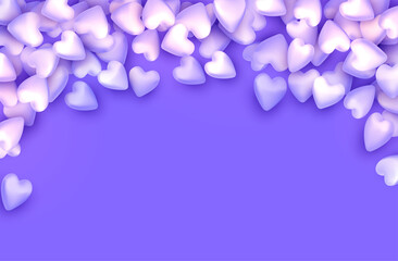 3d purple falling hearts on purple background. Hearts like candy.