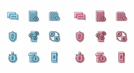 Set line Time is money, Coin with dollar symbol, Speech bubble chat, Smartphone, Money exchange, Shield and Calculator icon. Vector