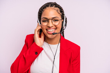 afro black woman with braids. telemarketer concept - obrazy, fototapety, plakaty