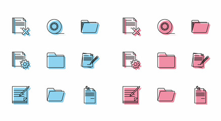 Set line Blank notebook and pen, Document folder, Delete file document, Note paper with pinned pushbutton, pencil eraser, settings gears and Scotch icon. Vector