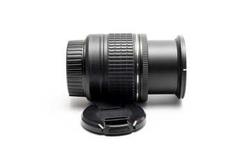 closeup of camera lens on white background