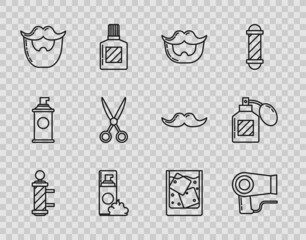 Set line Classic Barber shop pole, Hair dryer, Mustache and beard, Shaving gel foam, Scissors hairdresser, Glass of whiskey ice cubes and Aftershave icon. Vector