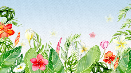 spring background with flowers and tropical leaves