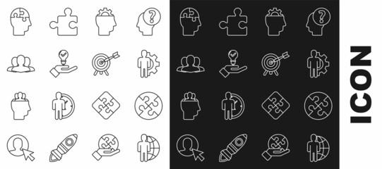 Set line Globe and people, Piece of puzzle, Human with gear inside, Light bulb hand, Users group, head puzzles strategy and Target arrow icon. Vector