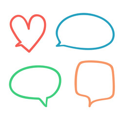 Set of hand drawn think and talk speech bubbles. Abstract shapes on white. Freehand art. Colored illustration