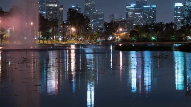 Los Angeles Downtown Neon Reflections on Echo Park Lake Night Time Lapse