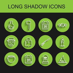 Set line Halloween witch cauldron, Calendar with date 31 october, Bottle potion, Tombstone RIP, Witch hat, Ghost, Burning candle and Witches broom icon. Vector