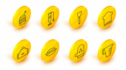 Set line Measuring cup, Oven glove, Homemade pie, Kitchen apron, Chef hat, Spatula, Blender and Burger icon. Vector