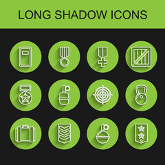 Set line Military ammunition box, rank, Police assault shield, Hand grenade, Chevron, Kettlebell and Target sport for shooting competition icon. Vector