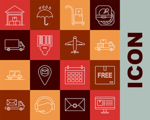 Set line Computer monitor with app delivery tracking, Cardboard box free symbol, Delivery truck cardboard boxes, Hand and, Scanner scanning bar code, cargo vehicle, Warehouse and Plane icon. Vector