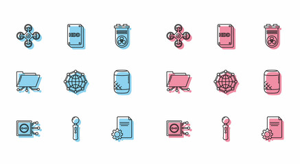 Set line Remote control, Gamepad, Drone, File document, Global technology or social network, Voice assistant, Folder and lock and Hard disk drive HDD icon. Vector