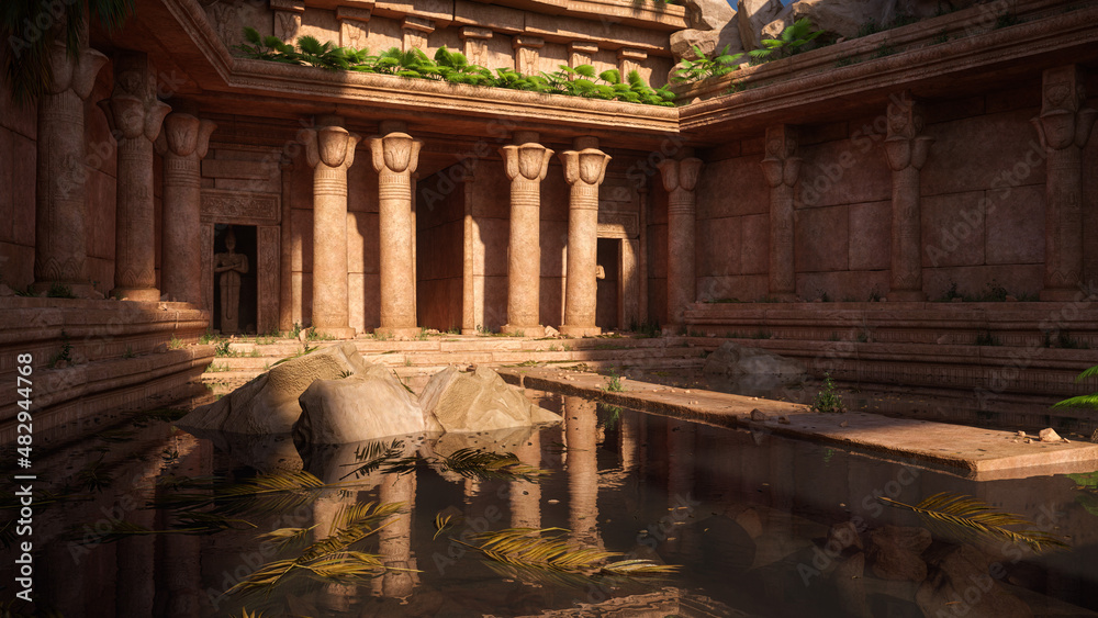 Poster ancient fantasy temple ruin with stepping stones leading across a pond to the entrance between stone