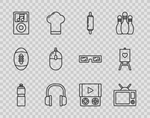 Set line Fitness shaker, Television, Rolling pin, Headphones, Music player, Computer mouse, Portable video game console and Wood easel painting art boards icon. Vector