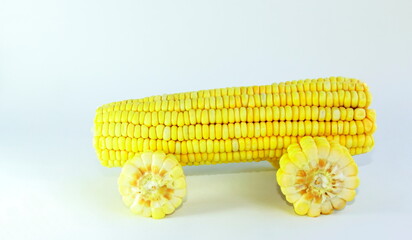 Bio fuel - car concept. Sweet corn cob as a car isolated on white with bland shade     