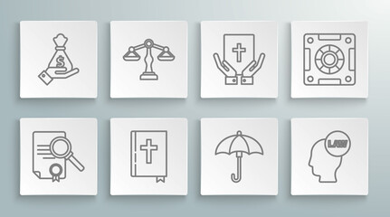 Set line Document with search, Scales of justice, Holy bible book, Umbrella, Head law, Oath on the Bible, Safe and Hand holding money bag icon. Vector