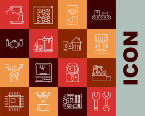 Set line Spanner, Factory conveyor system belt, Robot, Bot, 3D printer, Drone flying with action camera, Industrial machine robotic robot arm hand factory and Smart home icon. Vector