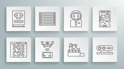 Set line Global technology or social network, Factory conveyor system belt, 3d scanning, Worker robot, Electronic computer components motherboard digital chip and User manual icon. Vector