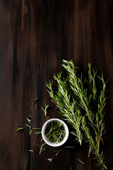 Rosemary sprig on rustic table