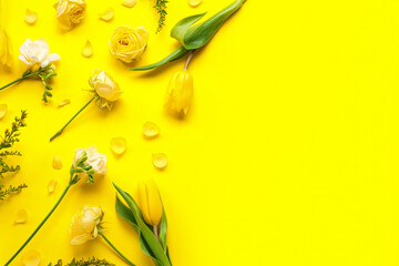 Composition with beautiful flowers on yellow background