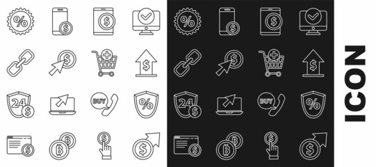 Set line Financial growth and coin, Loan percent, Tablet with dollar, Cursor, Chain link, Discount tag and Add to Shopping cart icon. Vector