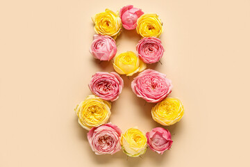 Greeting card for International Women's Day celebration with number 8 made of beautiful flowers on beige background
