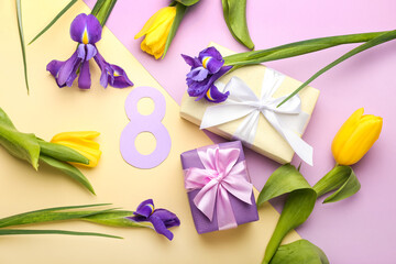 Greeting card for International Women's Day celebration with figure 8, gift box and flowers on color background