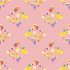 Naklejka premium cute fruit with bread and jam and in pink background for fabric seamless pattern