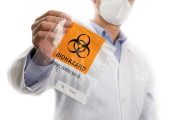 Doctor hold Biohazard Specimen Bag with Positive PCR Antigen Test, Copy space pandemic concept - obrazy, fototapety, plakaty