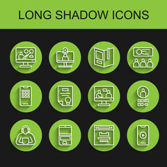 Set line Student, Laptop, Online education, Browser window, play video, Certificate template, Create account screen and icon. Vector