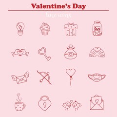 set of linear icons for valentines day red hearts, love, romance