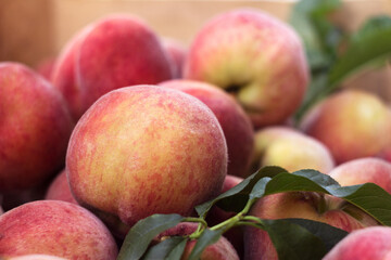 Lots of ripe peaches in a wooden box. Fruit background, healthy food