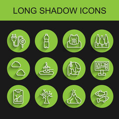 Set line Global warming, Withered tree, Electric saving plug leaf, Volcano eruption with lava, Dead fish, Wind turbine, Television report and icon. Vector