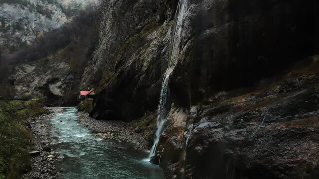 Chegem Waterfalls gorge Caucasian Mountains drone shooting nature landscapes cloudy weather mountain rivers