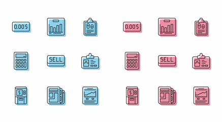 Set line ATM and money, Stock market news, Zero cost, Website with growth graph, Sell button, Identification badge, Calculator and Pie chart infographic icon. Vector