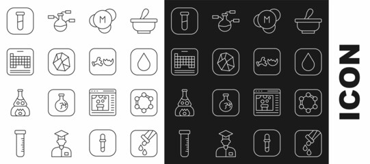 Set line Test tube and flask, Formula of benzene rings, Water drop, Molecule, Salt stone, Periodic table, and Broken icon. Vector