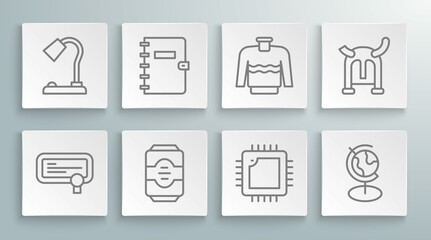 Set line Certificate template, Spiral notebook, Energy drink, Processor with CPU, Earth globe, Sweater, Viking horned helmet and Table lamp icon. Vector