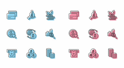 Set line ATM and money, Currency exchange, Credit card, Coin with dollar, Money, Pie chart, and Hand holding bag icon. Vector