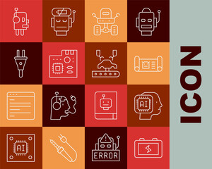 Set line Battery, Humanoid robot, Robot blueprint, Mars rover, Motherboard digital chip, Electric plug, and Robotic arm on factory icon. Vector